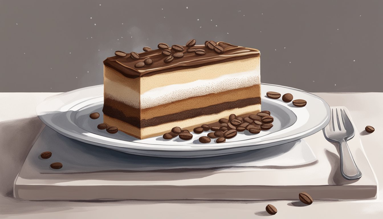 A freshly made tiramisu sits on a white porcelain plate, covered with cocoa powder and surrounded by delicate coffee beans. A clear plastic wrap is carefully placed over the plate, sealing in the decadent dessert