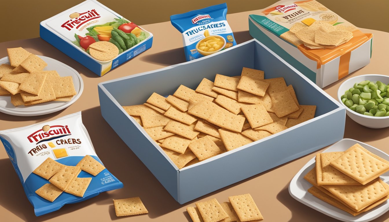 A box of Triscuit crackers sits open on a kitchen counter, surrounded by various toppings like cheese, hummus, and sliced vegetables