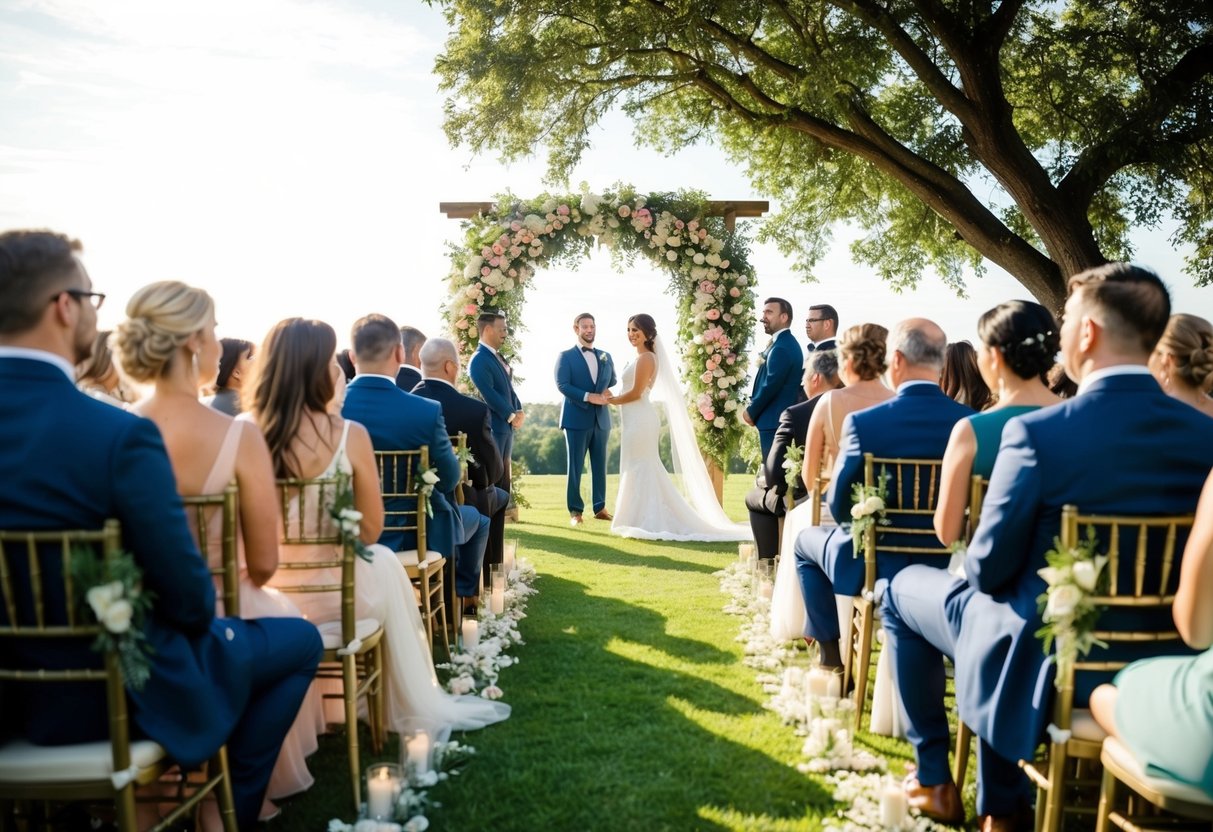 A sun-drenched outdoor wedding ceremony at 3pm, with guests seated and a floral archway as the backdrop