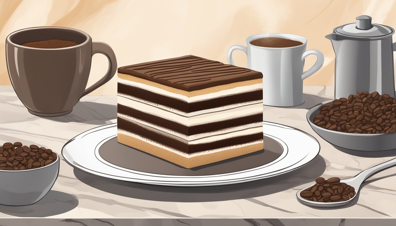 A freshly made tiramisu sits on a marble countertop, surrounded by coffee beans and cocoa powder. A calendar on the wall shows the passing days