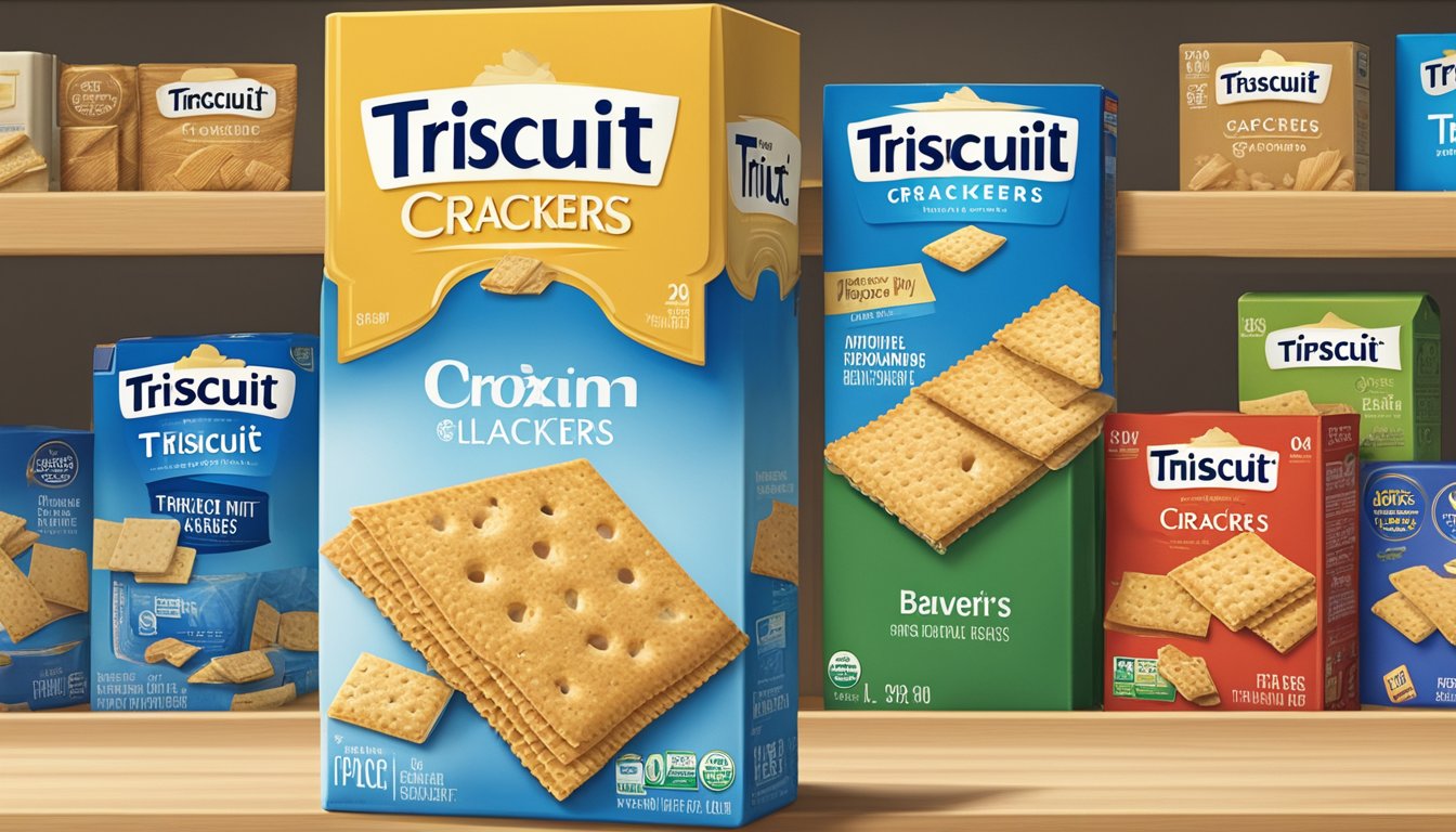 A box of Triscuit crackers sits on a clean, organized pantry shelf next to other dry goods. The box is unopened and sealed, with a clear expiration date visible