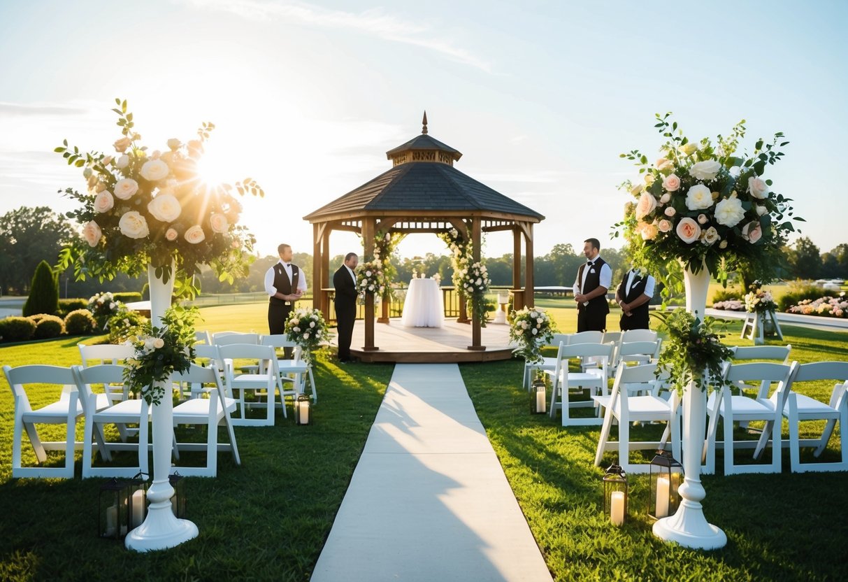 A sunlit outdoor wedding venue with floral arrangements and a gazebo. Vendors setting up for a late afternoon ceremony