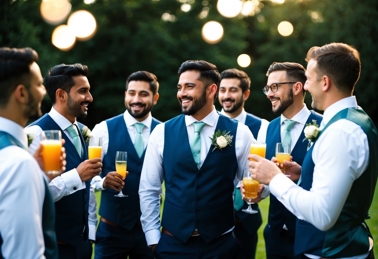 A group of men in formal attire gather for a pre-wedding celebration, with drinks and laughter filling the air
