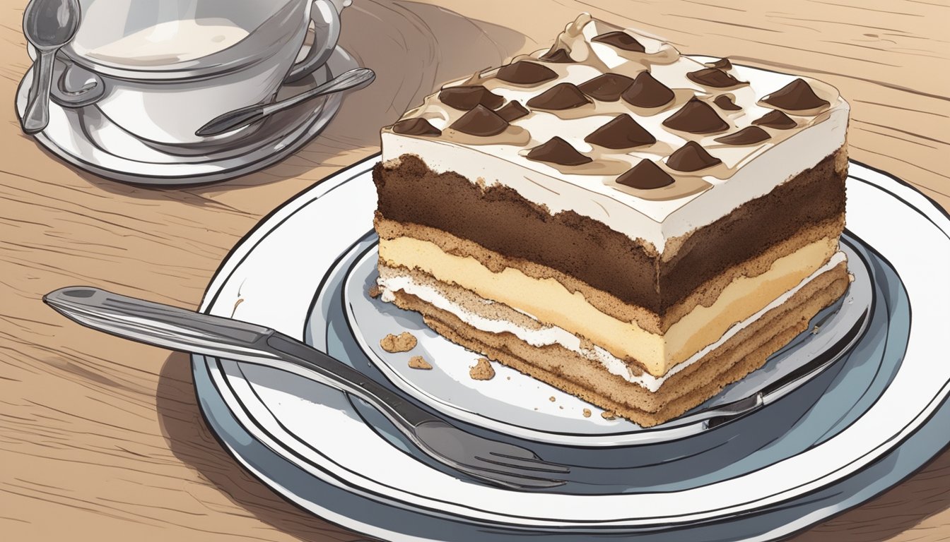 A partially eaten tiramisu sits on a plate, with visible signs of spoilage such as mold and a sour smell