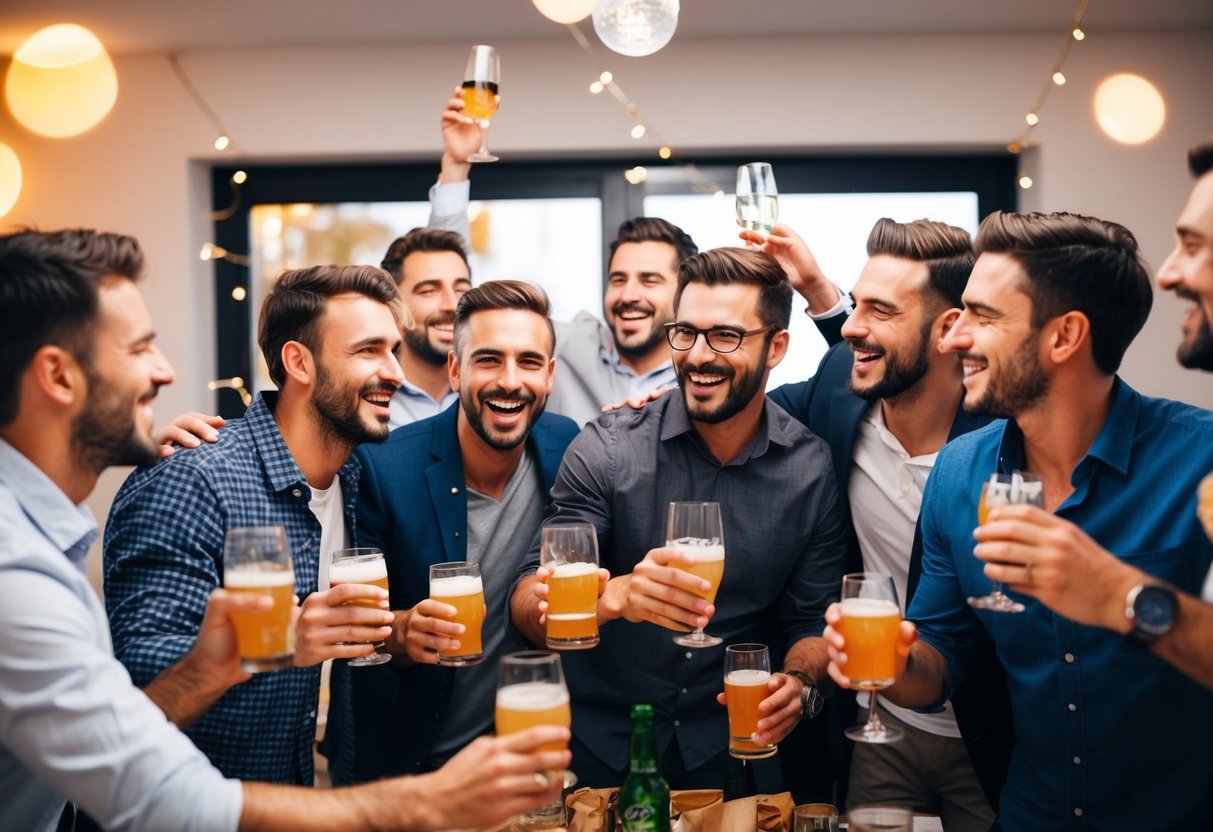 A group of men gather for a bachelor party, with drinks, laughter, and celebration