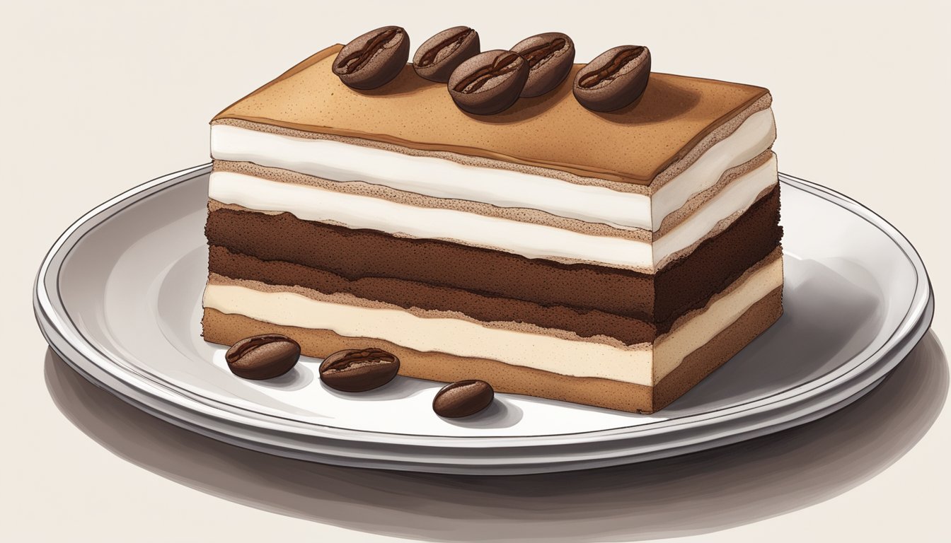 A freshly made tiramisu sits on a white porcelain plate, adorned with cocoa powder and coffee beans. A slice has been removed, revealing the layers of creamy mascarpone and coffee-soaked ladyfingers