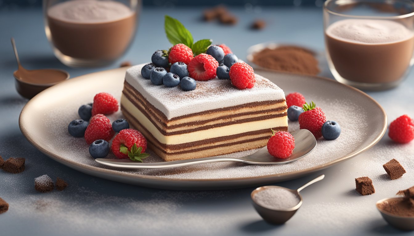 A frozen tiramisu thaws on a serving platter, surrounded by fresh berries and a dusting of cocoa powder