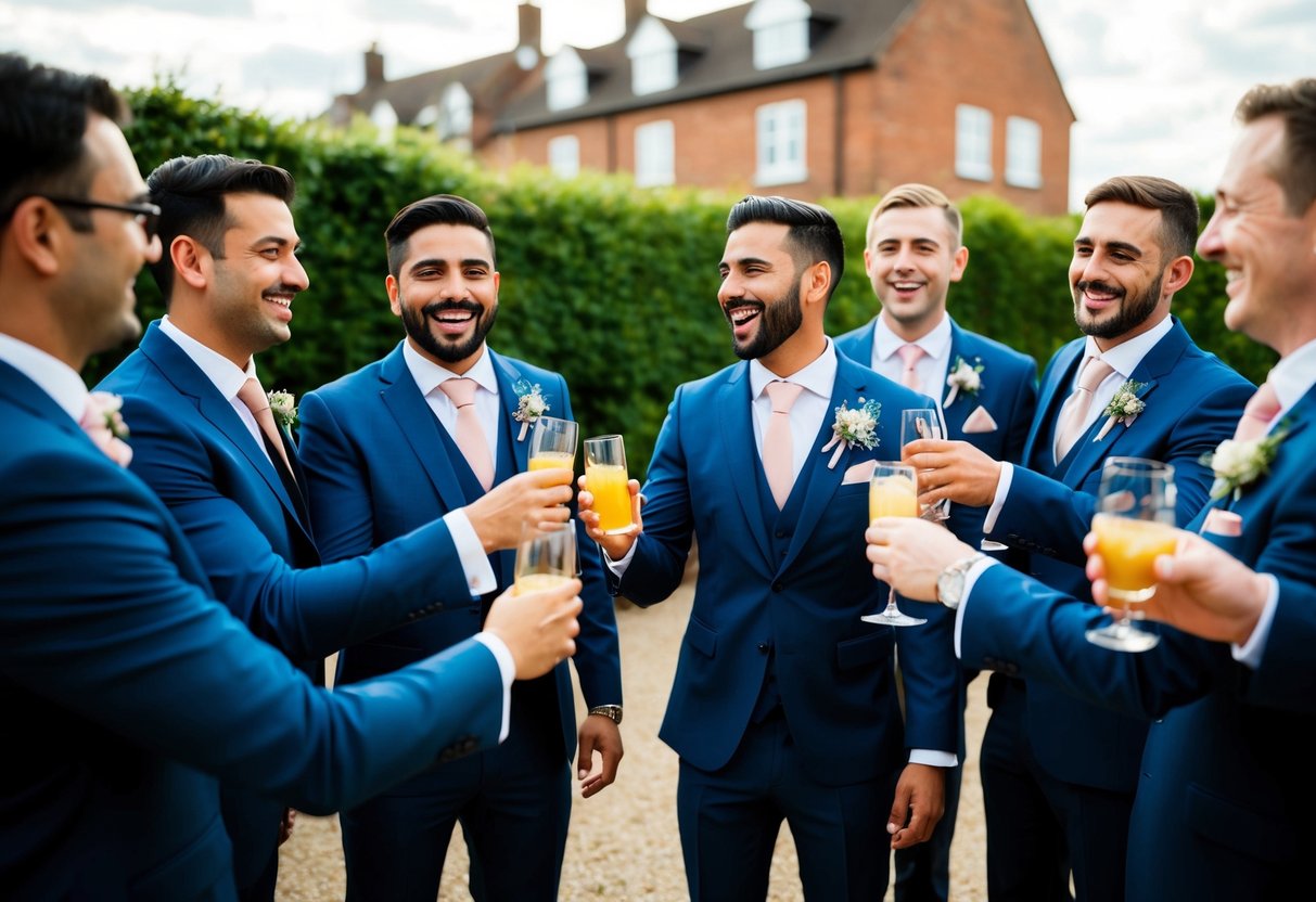A group of men in formal attire gather for a pre-wedding celebration, laughing and toasting with drinks in hand