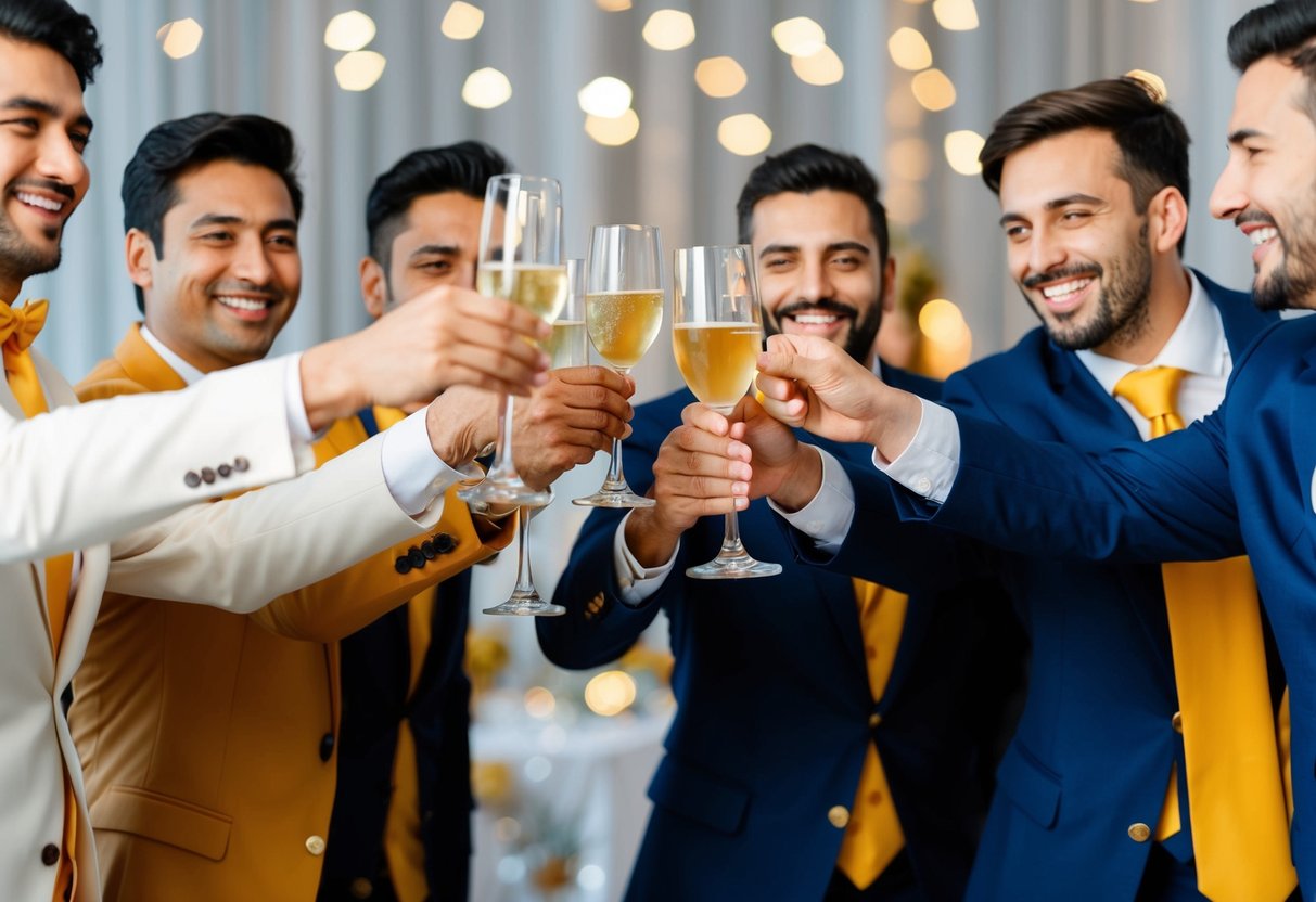 A group of men celebrating, wearing matching attire, and raising their glasses in a toast