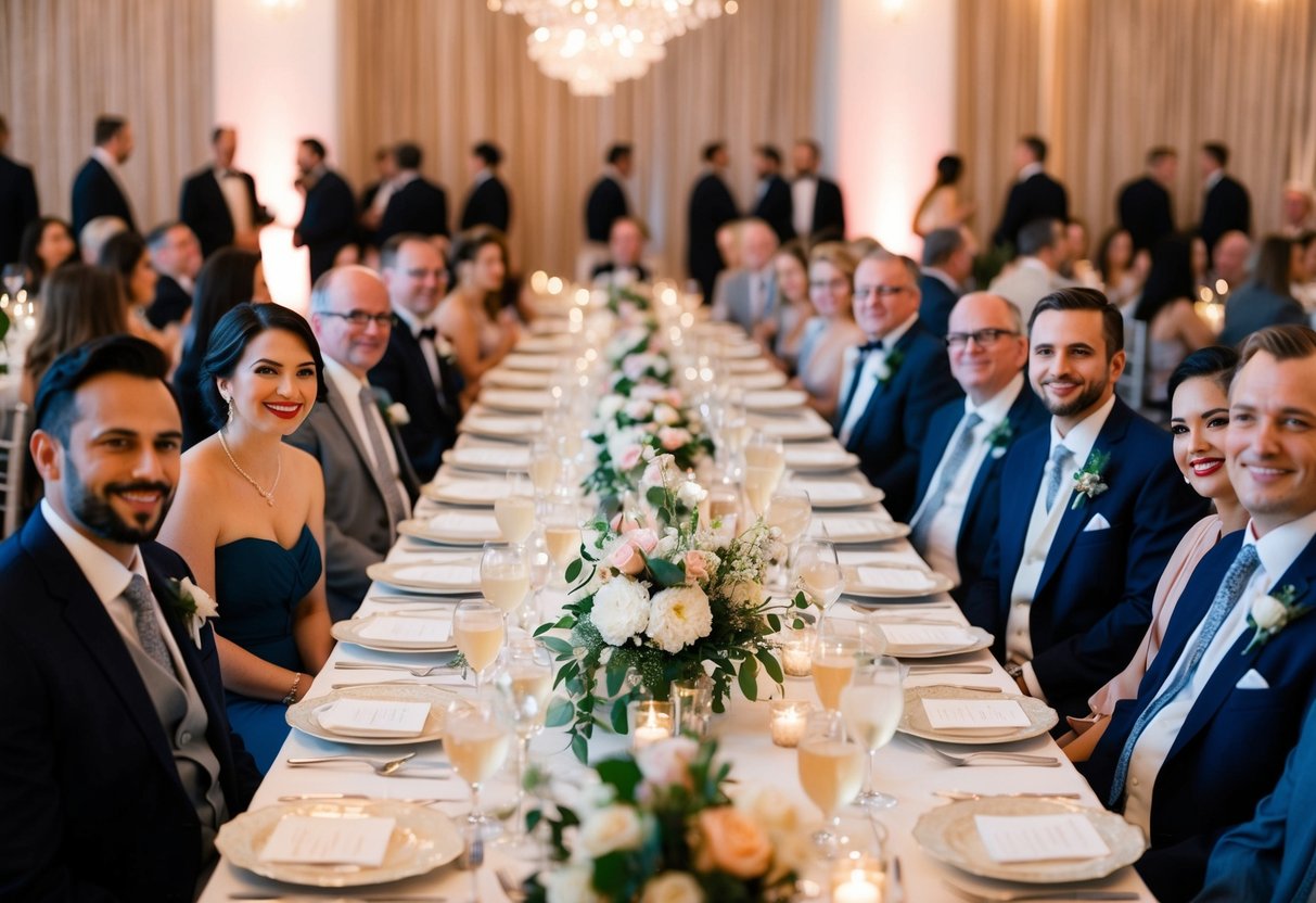 A long banquet table set with elegant place settings and adorned with floral centerpieces, surrounded by guests dressed in formal attire, enjoying a leisurely dinner at a wedding reception