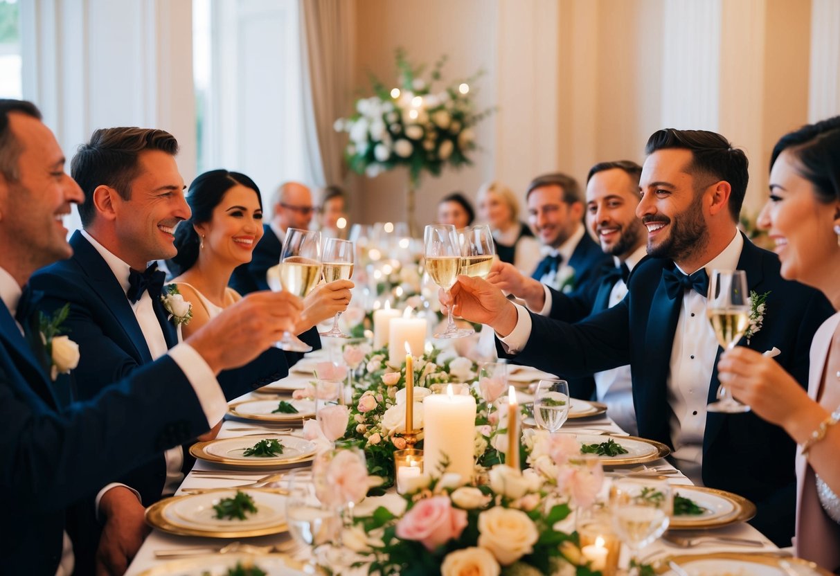 Guests enjoying a lavish wedding dinner, clinking glasses and sharing laughter at elegantly set tables adorned with flowers and candles