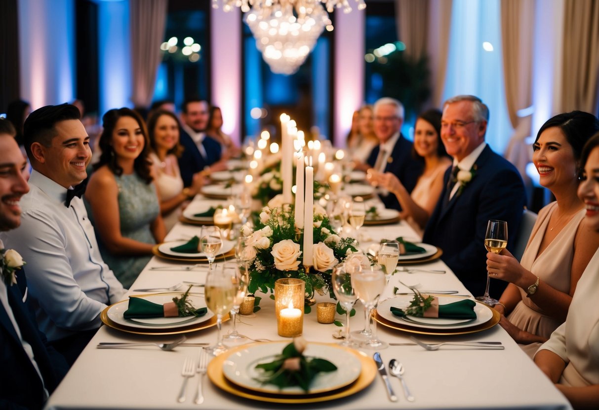 A beautifully decorated dining table with elegant place settings and glowing candlelight, surrounded by happy guests enjoying a leisurely and memorable wedding dinner experience