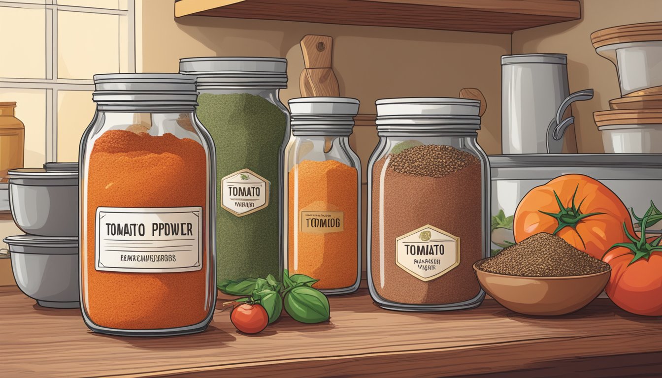 A jar of tomato powder sits on a kitchen shelf, surrounded by various spices and ingredients. The label on the jar indicates the expiration date, which is still far in the future