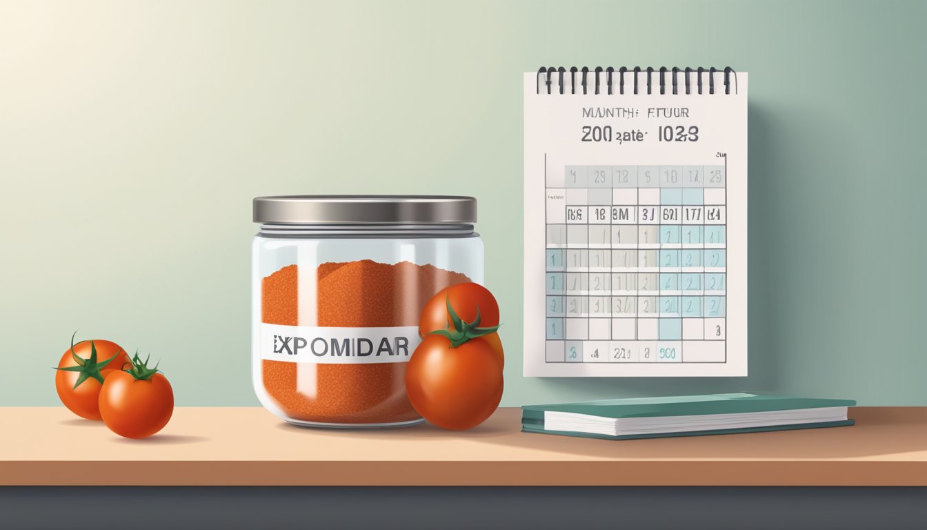 A jar of tomato powder sits on a shelf, next to a calendar showing the current date and an expiration date several months in the future