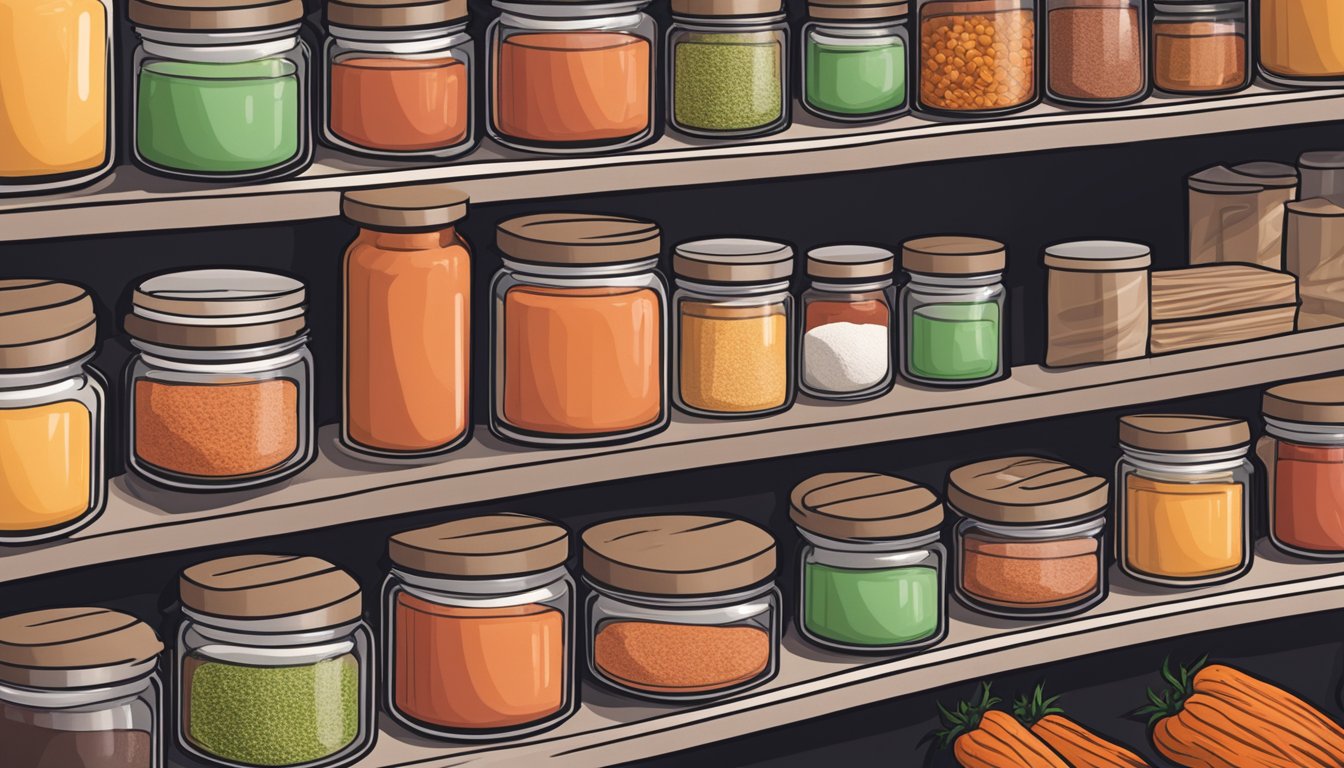 A sealed jar of tomato powder on a pantry shelf, surrounded by other dry goods and storage containers