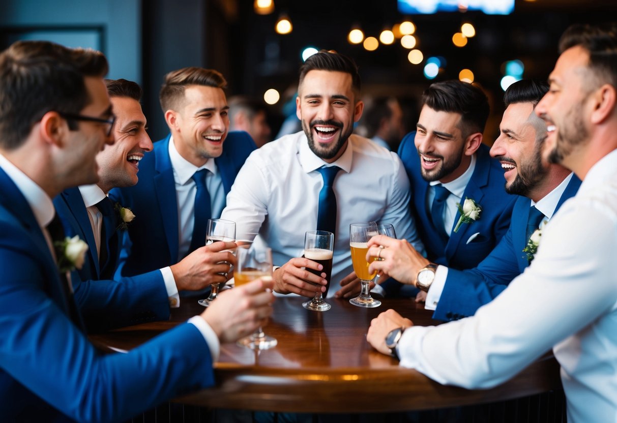 A group of men celebrating the groom's night with drinks and laughter at a bar