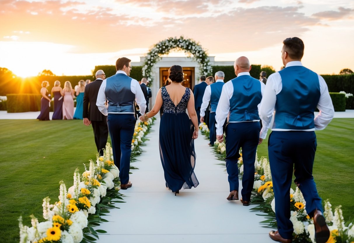 Guests arrive at a wedding venue, walking up a flower-lined path to a grand entrance. The sun is setting, casting a warm glow over the elegant setting