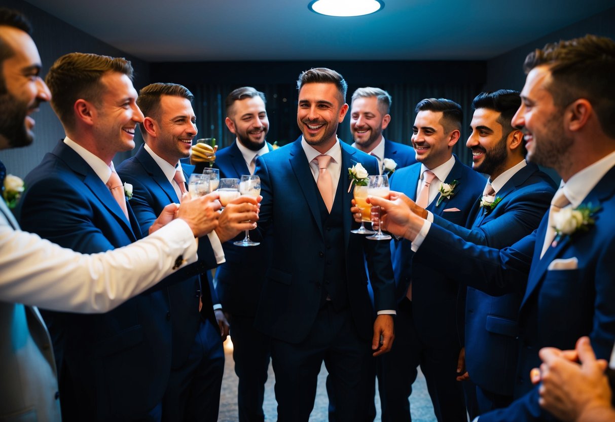A group of men gather in a dimly lit room, toasting with drinks and laughing. The groom is at the center of the celebration, surrounded by his friends