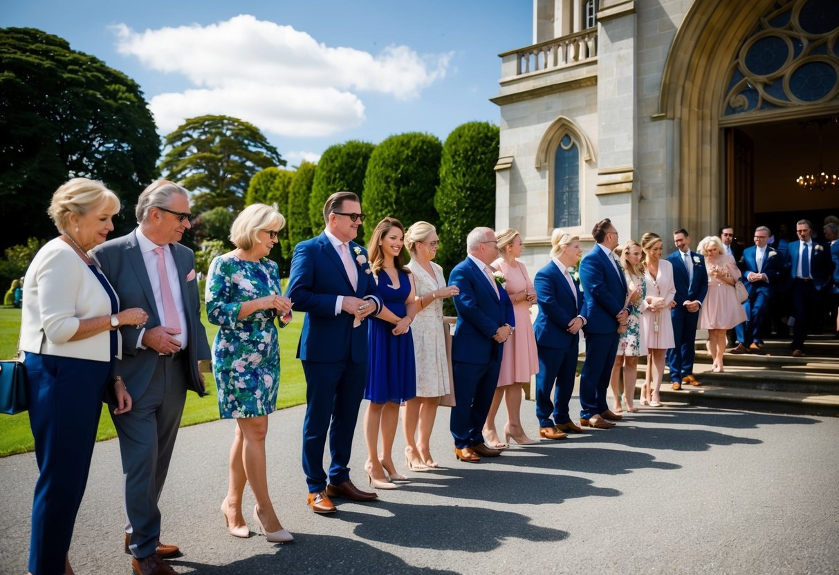 Guests lining up outside a grand church, waiting to enter for a wedding. The sun is shining, and a few early arrivals chat excitedly while others check their watches