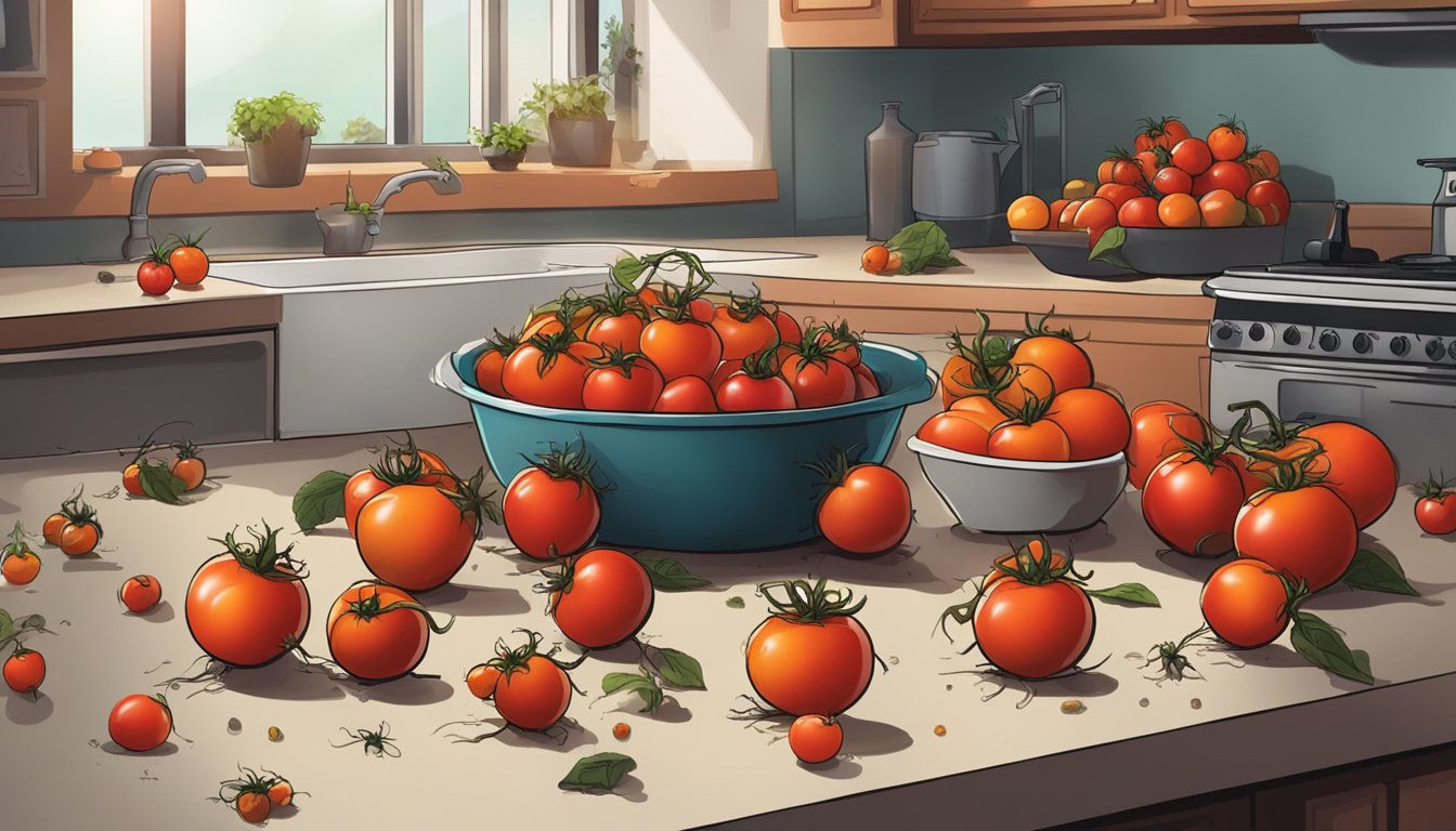 A pile of rotting tomatoes on a kitchen counter, surrounded by fruit flies and emitting a foul odor