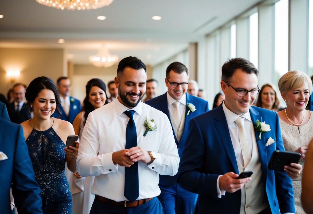 Guests arrive at a wedding venue, chatting and smiling as they check the time on their watches and phones. Some are early, while others rush to make it on time