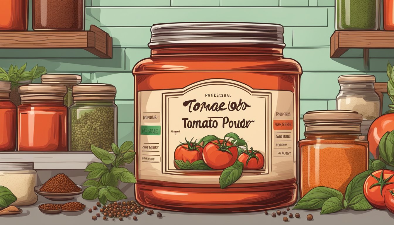 A jar of tomato powder sits on a shelf, surrounded by various spices and herbs. The powder is a vibrant red color and is sealed tightly to preserve its freshness