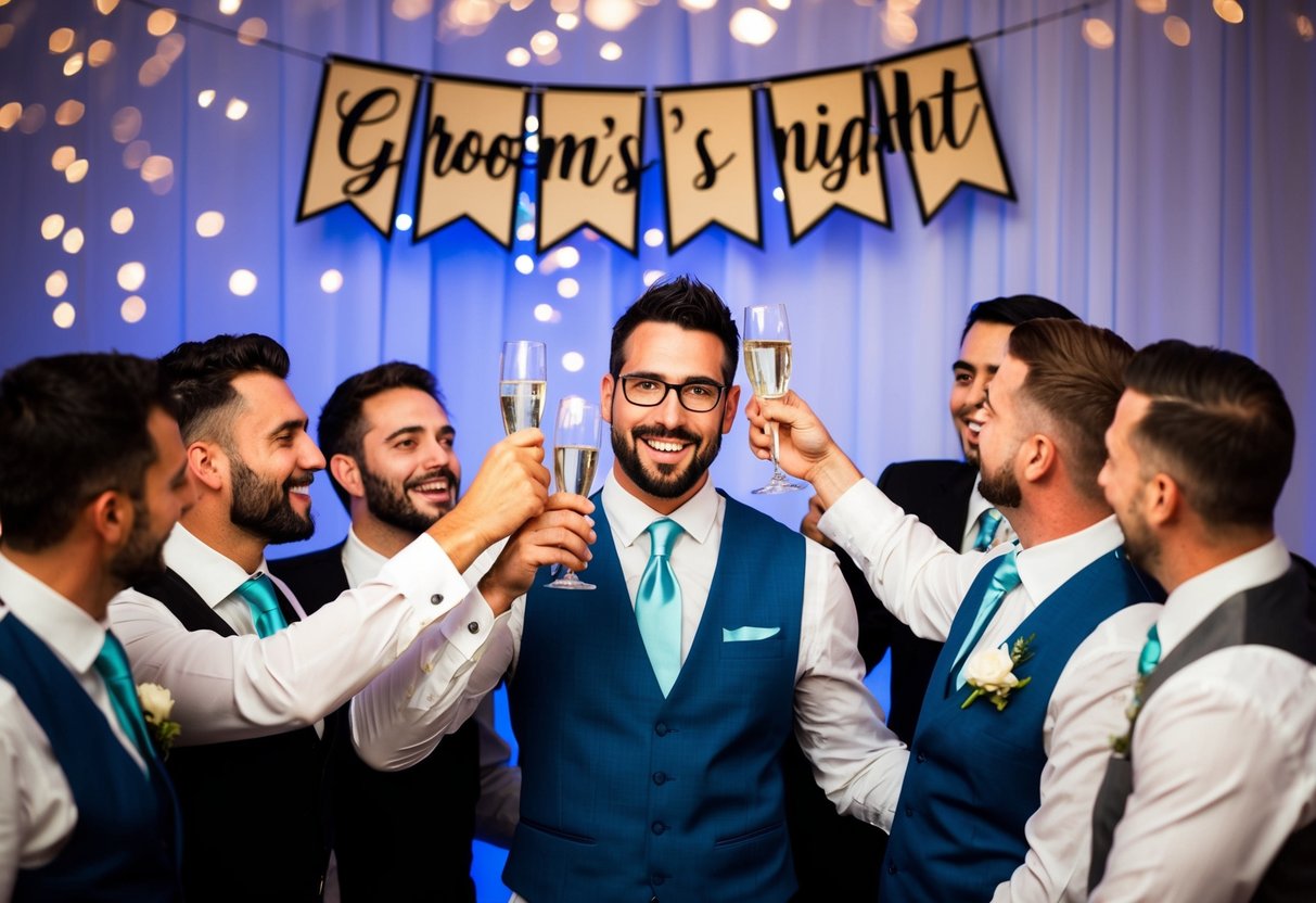 A group of men gather around the groom, raising their glasses in celebration, with a banner reading "Groom's Night" hanging in the background