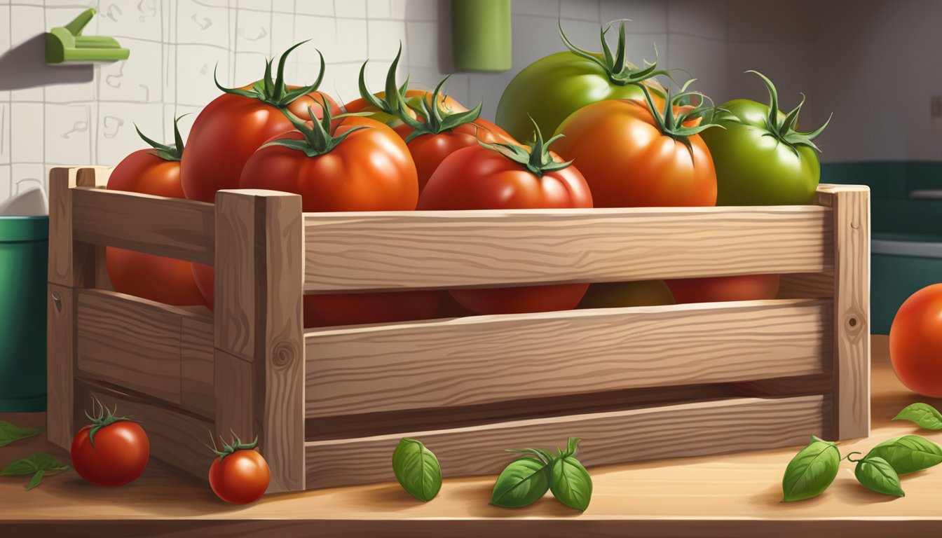 Fresh tomatoes in a wooden crate, some with vibrant red skin and others still green, sitting on a kitchen counter next to a calendar