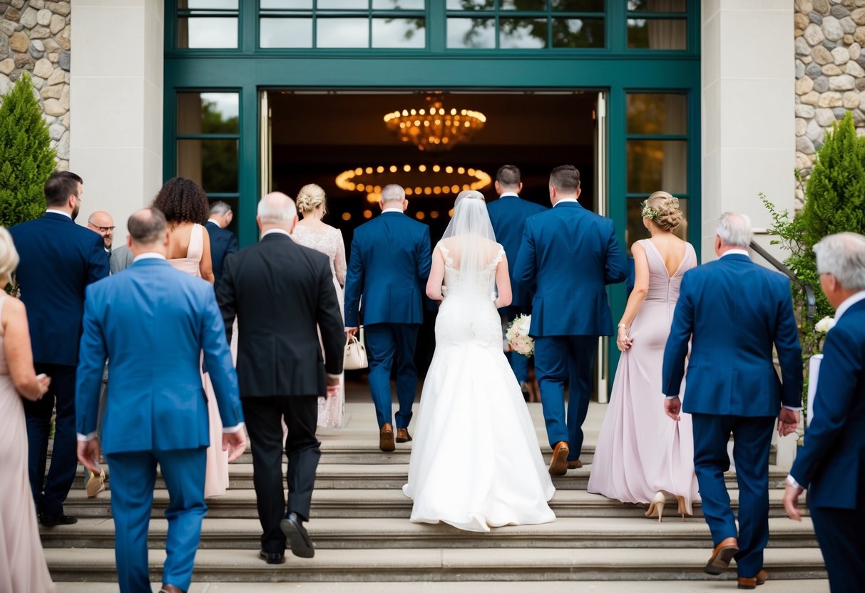 Guests arriving at a wedding venue, some early, some late, all navigating their way to the entrance