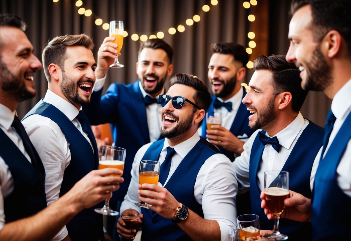 The groom's night is called the "bachelor party". A group of men are gathered, celebrating with drinks and laughter in a festive atmosphere