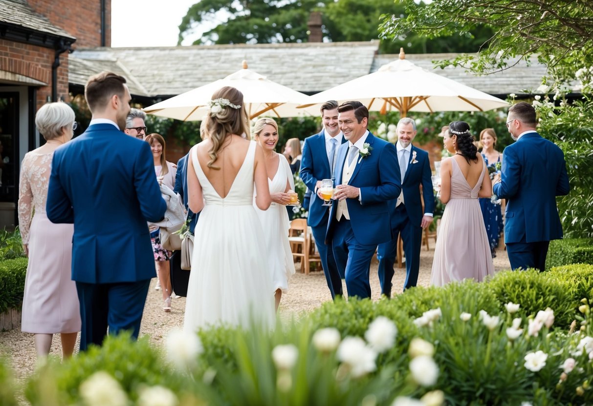 Guests arriving at a wedding venue, mingling in the garden or foyer, checking seating arrangements, and enjoying pre-ceremony refreshments