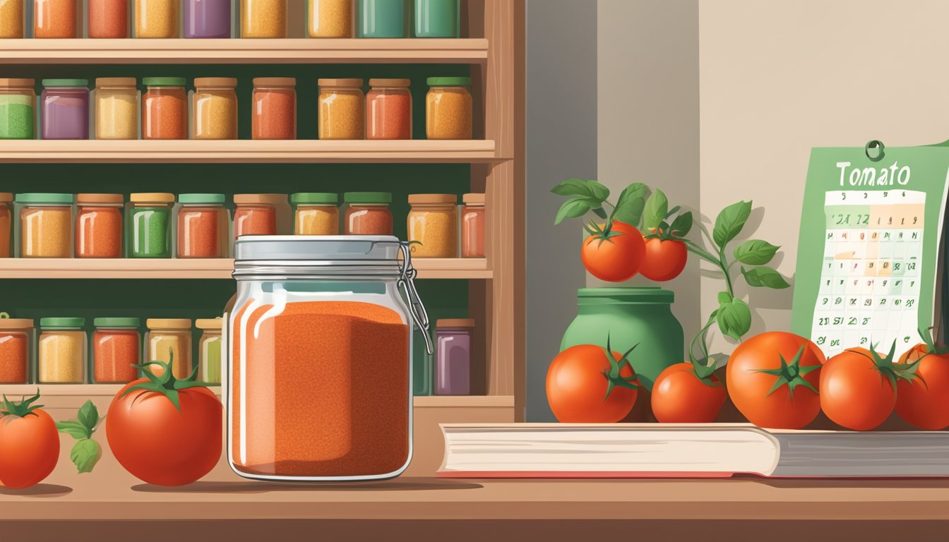 A jar of tomato powder on a shelf, surrounded by fresh tomatoes and a calendar showing the current date