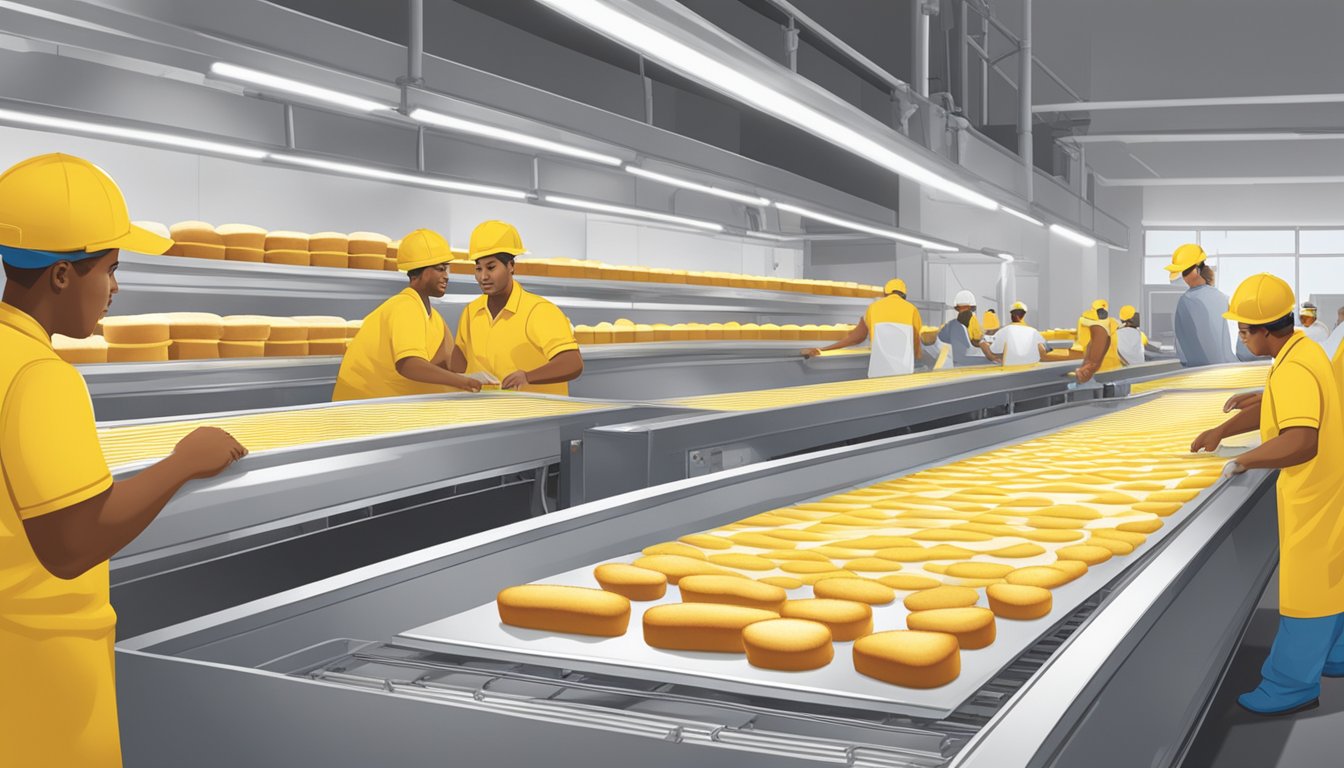 A conveyor belt carries freshly baked Twinkies through a packaging line, with workers sealing the iconic yellow packaging