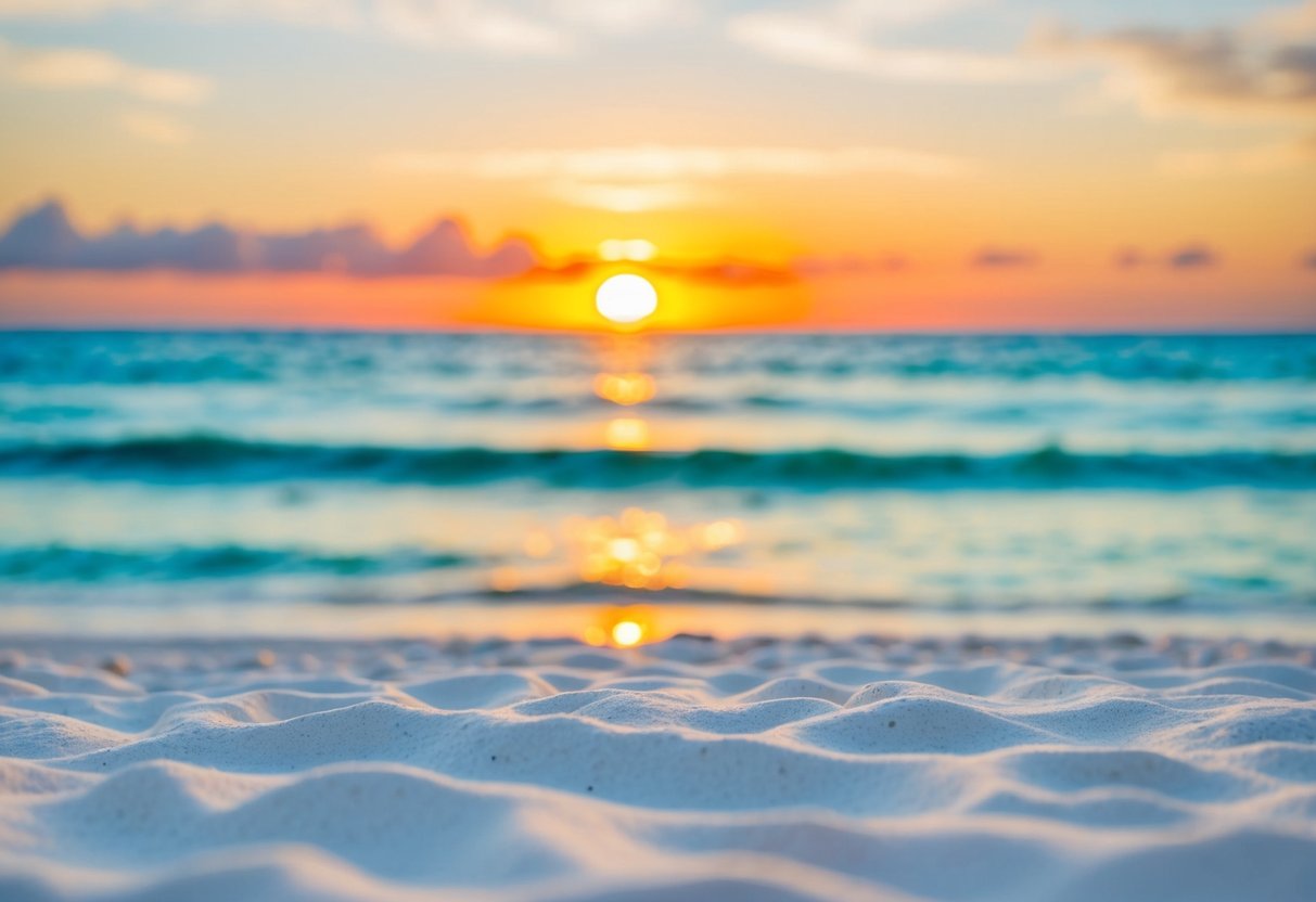 A sunny beach with white sand, clear blue waters, and a colorful sunset