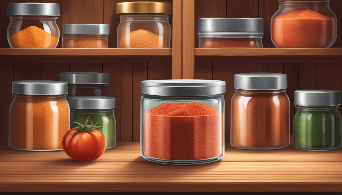 A glass jar filled with vibrant red tomato powder, sealed with a metal lid, sitting on a wooden pantry shelf