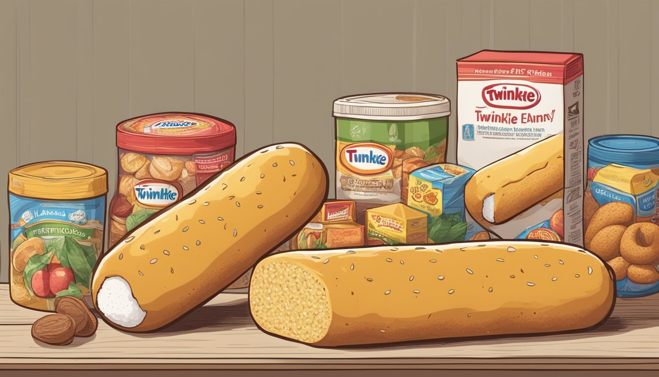 A Twinkie sits on a shelf, surrounded by various food items. Its packaging is slightly worn, suggesting it has been there for some time