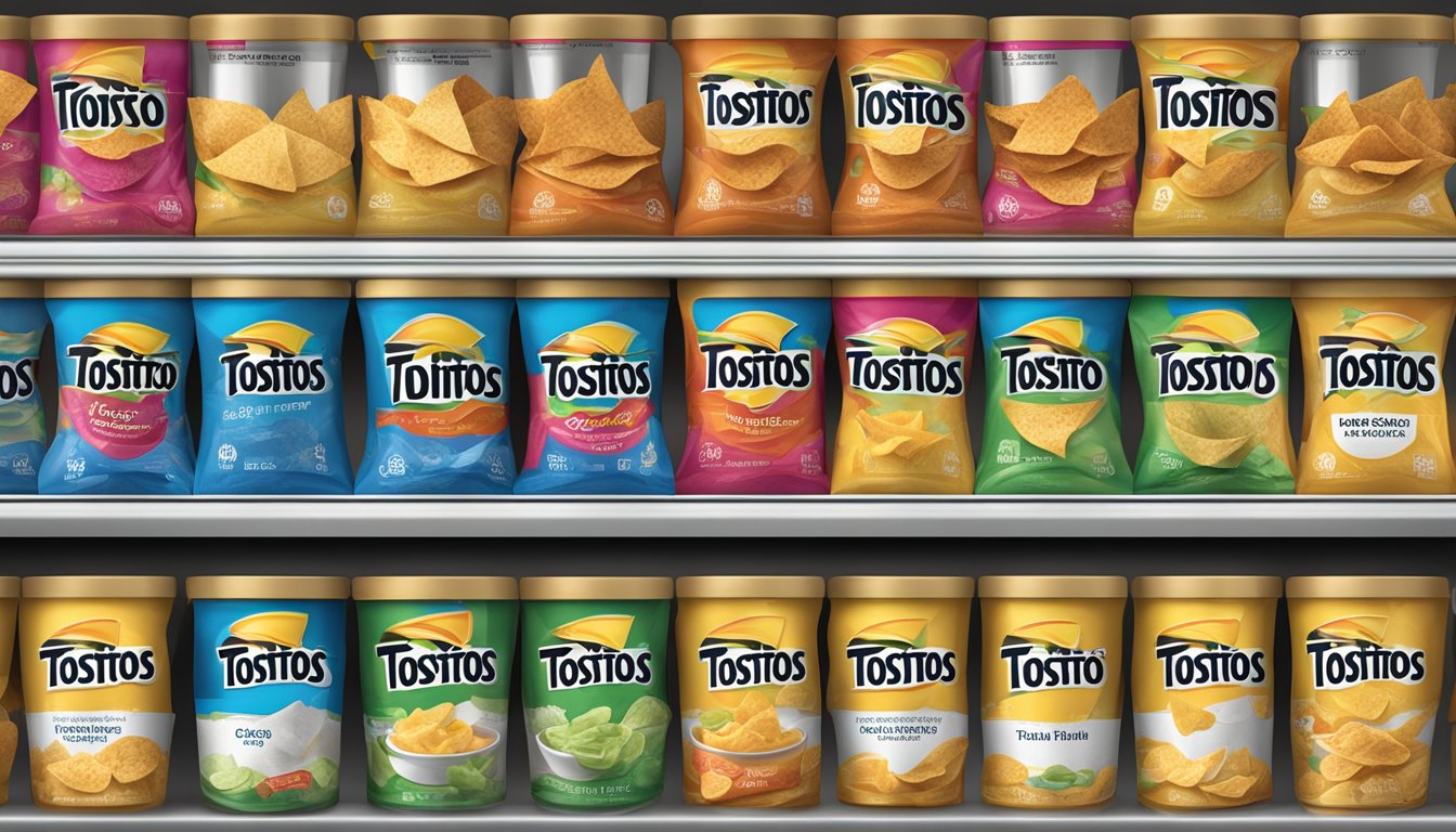 A variety of Tostitos chips and dips arranged on a shelf, with expiration dates visible on the packaging