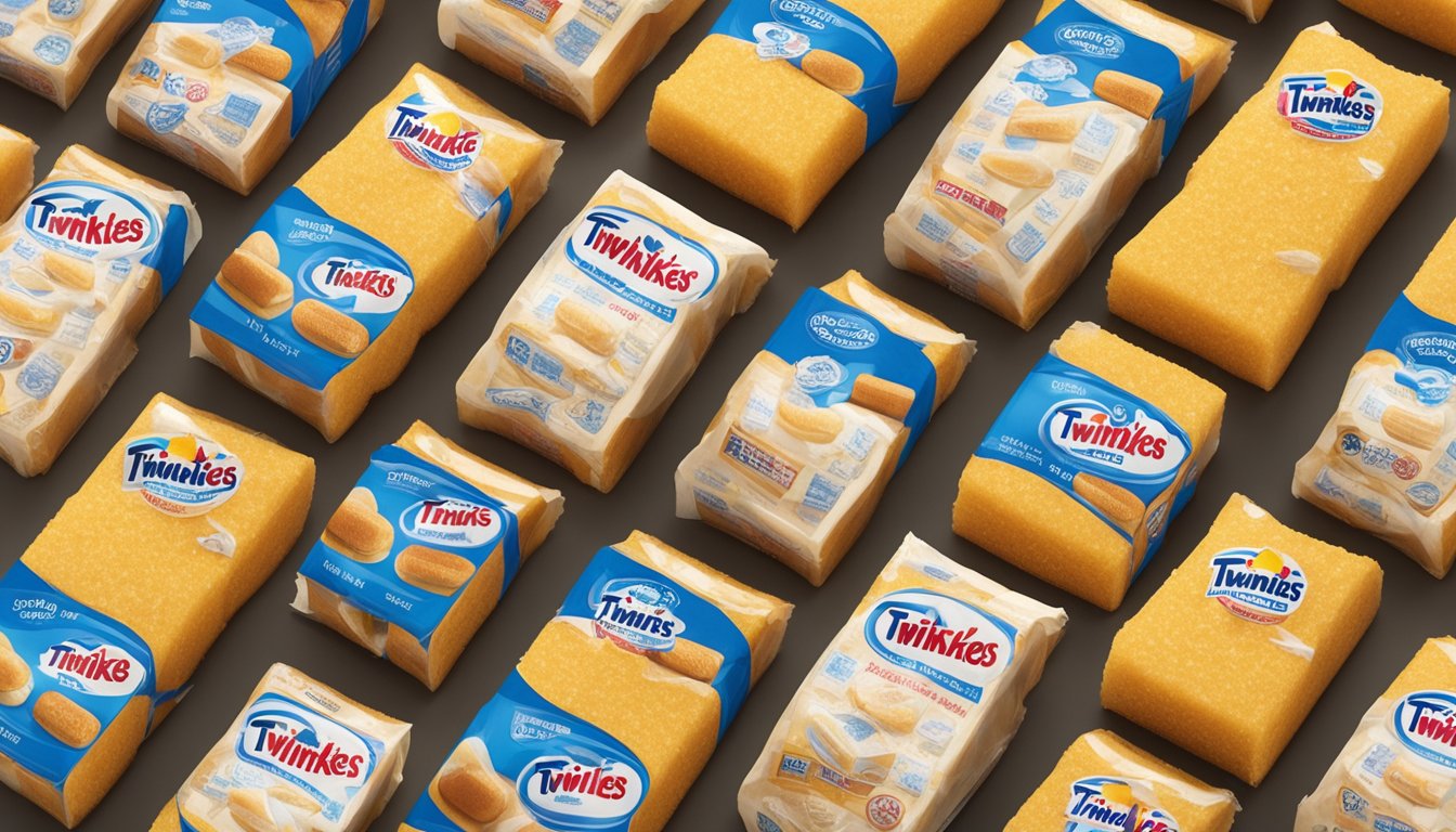 A box of Twinkies sits on a countertop, surrounded by various expiration date labels. Some are faded, indicating uncertainty about their shelf life