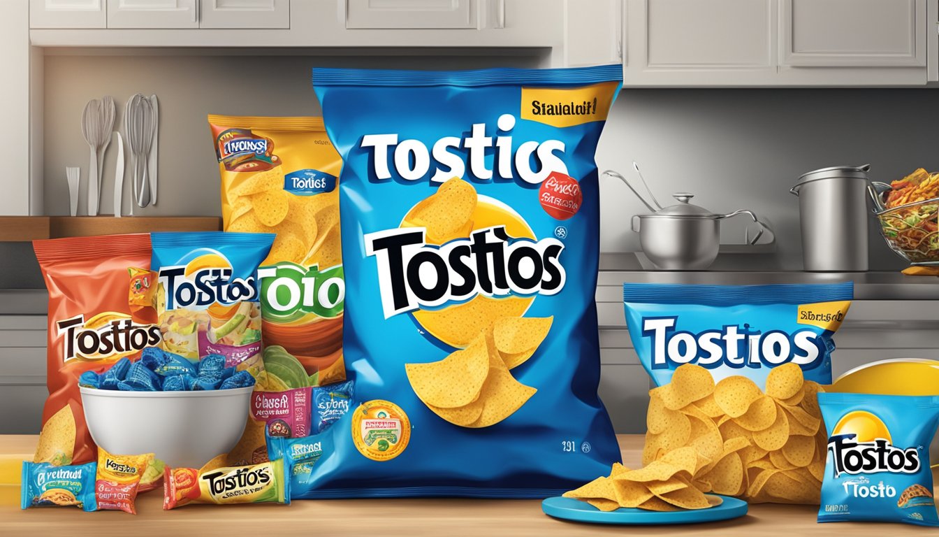 A bag of Tostitos sits on a kitchen shelf, surrounded by other snack items. The packaging is bright and eye-catching, with the Tostitos logo prominently displayed