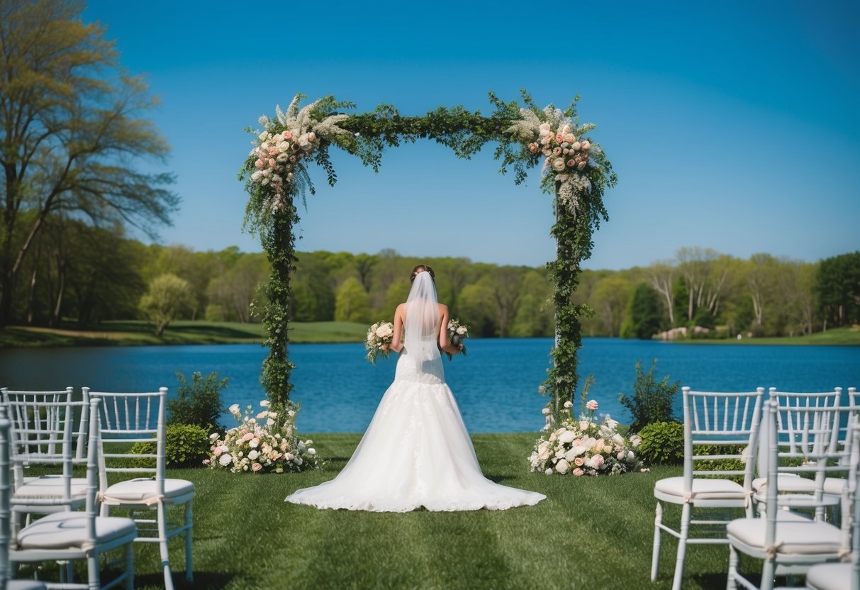 A sunny outdoor wedding with a clear blue sky, lush greenery, blooming flowers, and a serene lake in the background