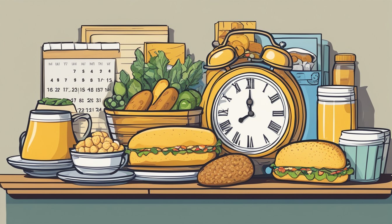 A shelf full of various food items, with a single Twinkie placed on a plate, surrounded by a calendar and a clock to indicate the passage of time