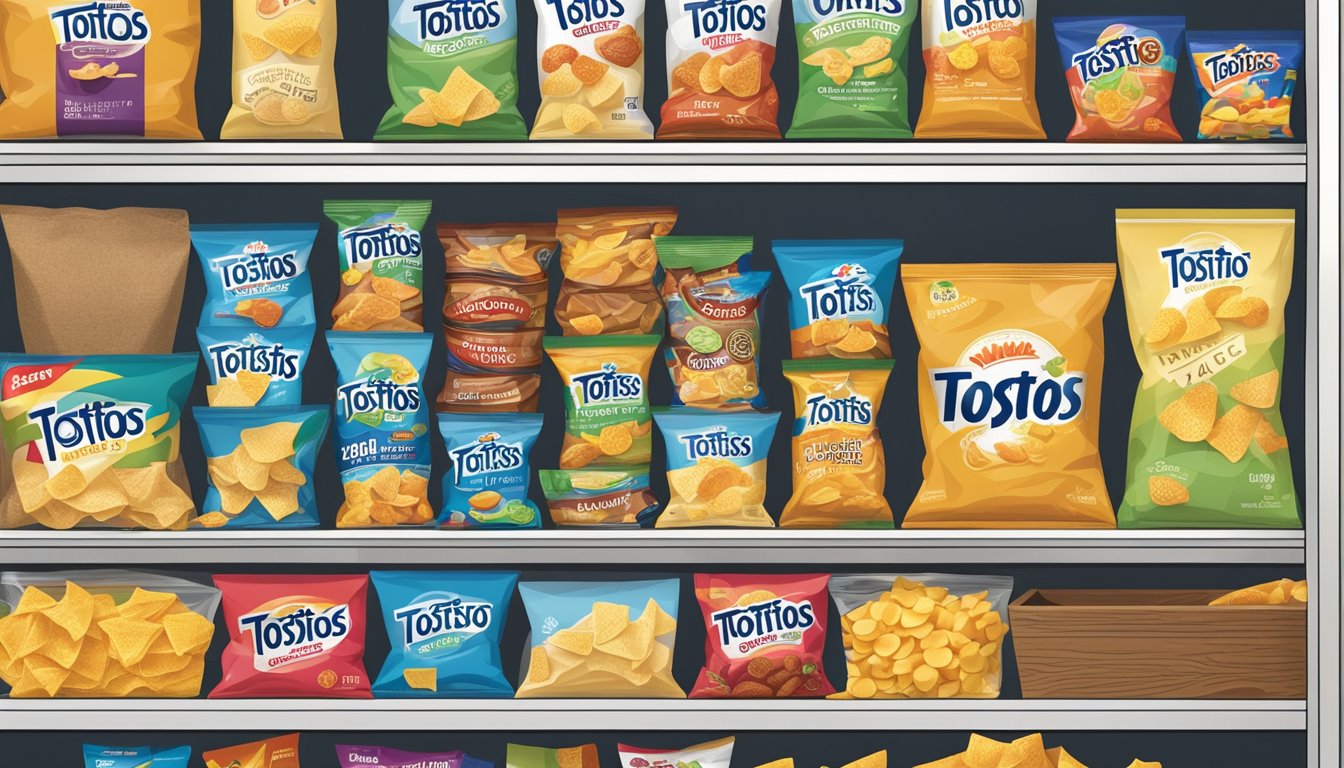 A pantry shelf with a bag of Tostitos chips sealed in airtight packaging, surrounded by other snacks and labeled with a "best by" date