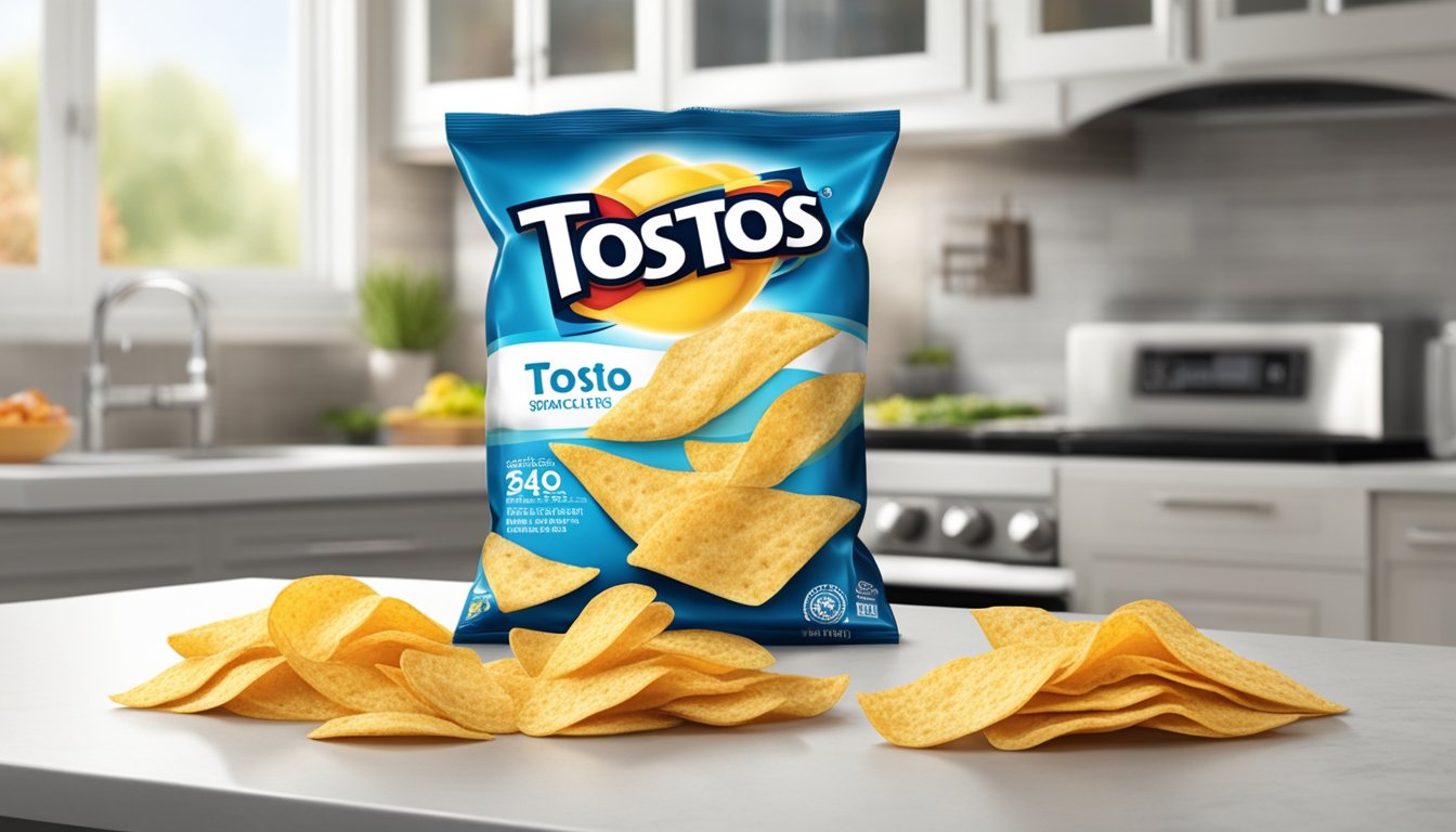 An open bag of Tostitos with visible signs of spoilage, such as mold or discoloration, sitting on a kitchen counter