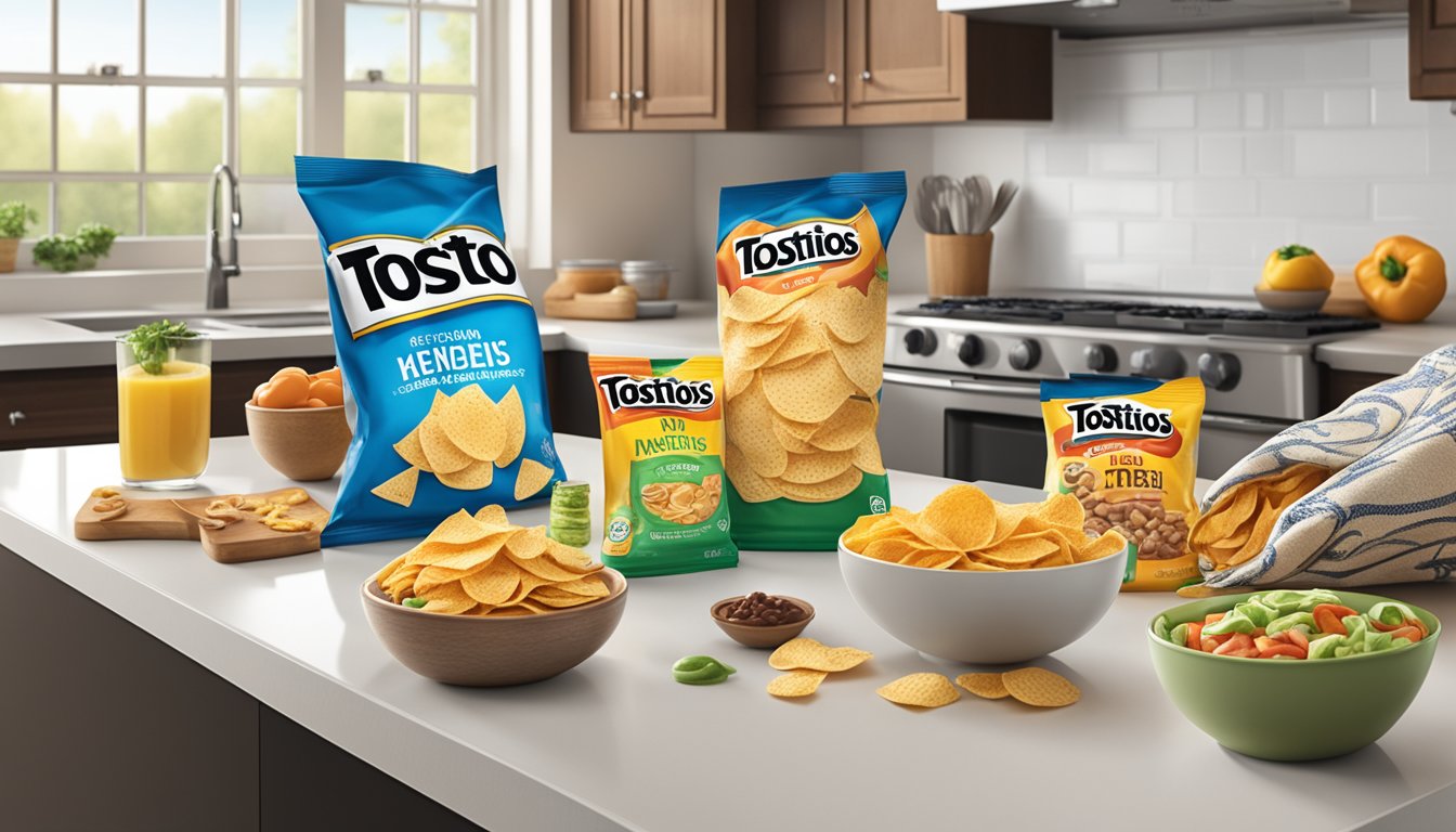 A bag of Tostitos sits on a clean, well-lit kitchen counter, surrounded by various snack options and a calendar marked with expiration dates