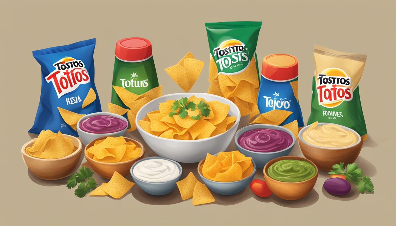 A bowl of Tostitos surrounded by various dips, with an open bag in the background