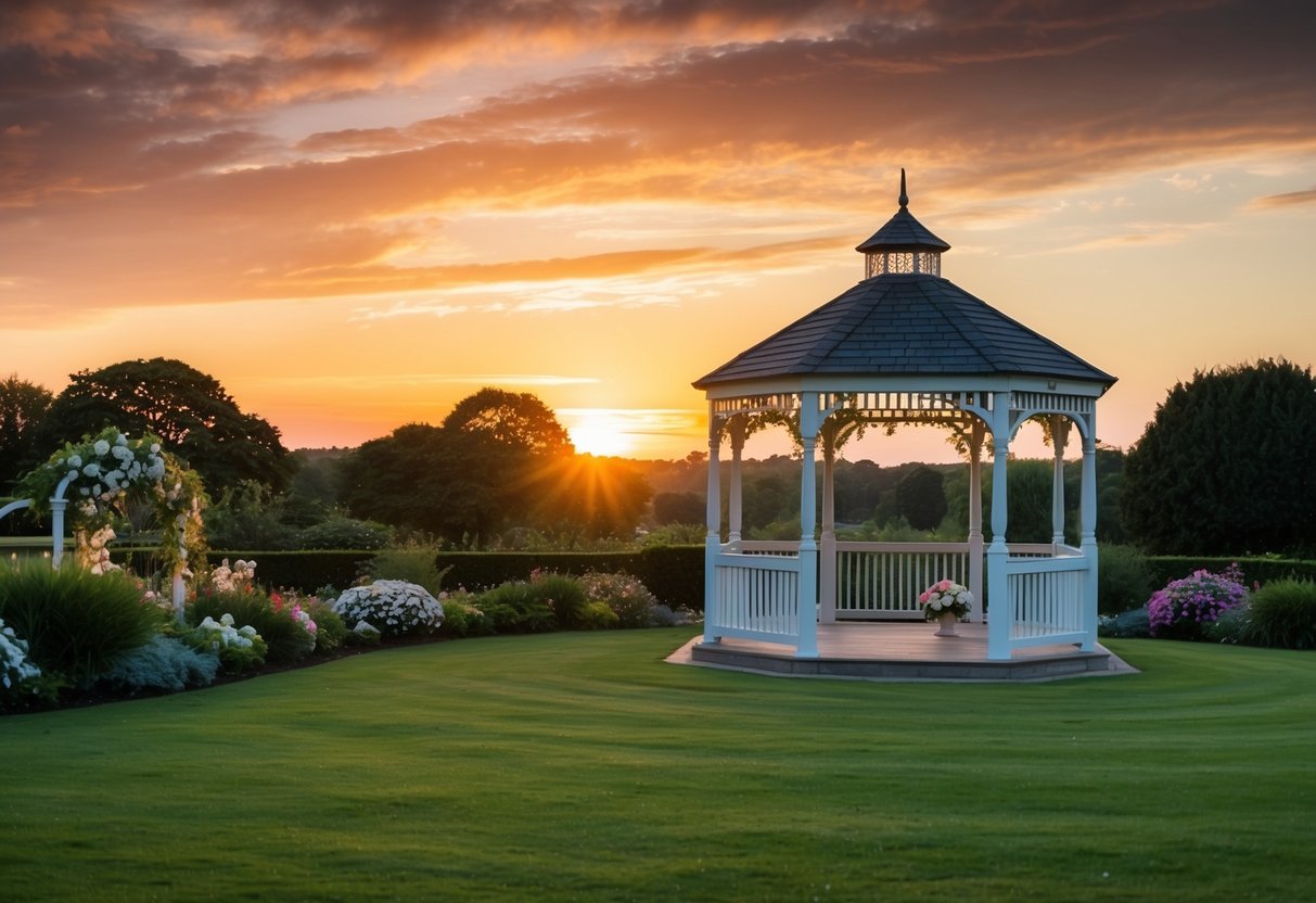 A picturesque sunset over a tranquil garden with a gazebo adorned with flowers, setting the scene for a romantic wedding at 7 o'clock