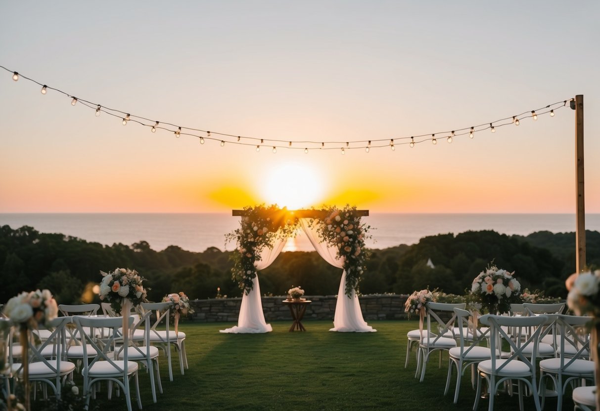 A sun setting behind a picturesque outdoor wedding venue with twinkling lights and floral decorations