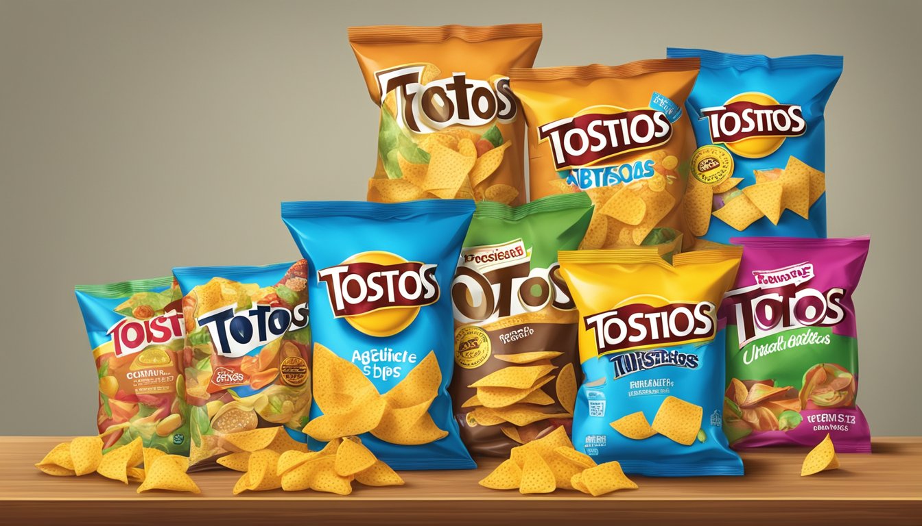 A bag of Tostitos sitting unopened on a shelf, surrounded by other snacks