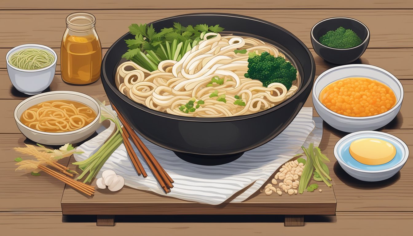 A bowl of udon noodles sits on a wooden table, surrounded by various ingredients such as broth, vegetables, and seasonings