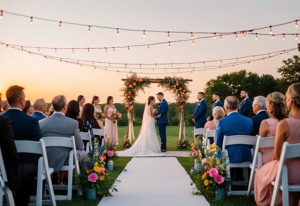 A serene outdoor wedding ceremony at sunset, with twinkling string lights and colorful floral decorations